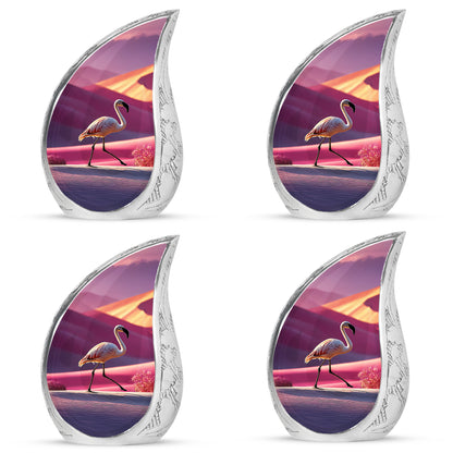 Salmon Pink Flamingo Cremation Urn close-up of engraving and surface detail - graceful tear-shaped urn with flamingo motif - 10 inch aluminum urn for cremated remains