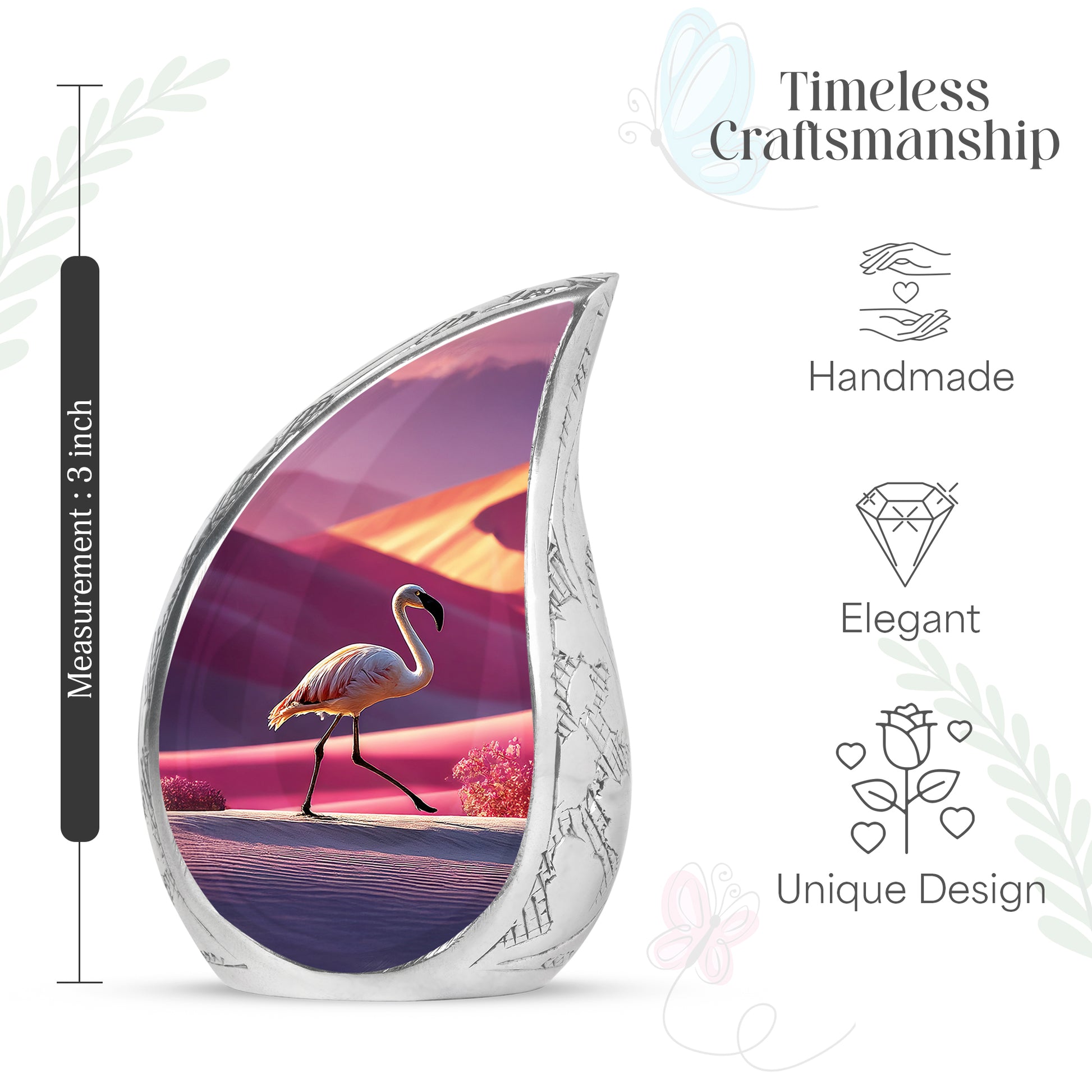 Dusty Pink Flamingo Cremation Urn angled view of lid and engraved motif - smooth teardrop contour featuring flamingo art - mini keepsake memorial for portion of cremation ashes