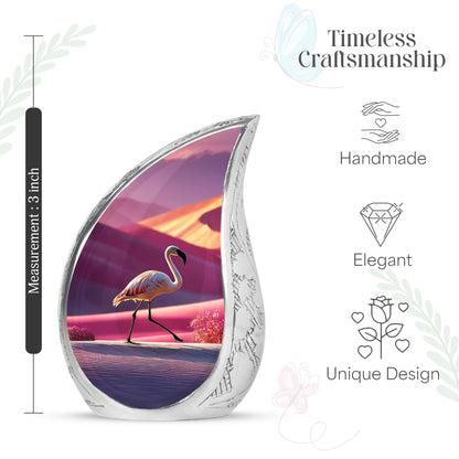 Dusty Pink Flamingo Cremation Urn angled view of lid and engraved motif - smooth teardrop contour featuring flamingo art - mini keepsake memorial for portion of cremation ashes