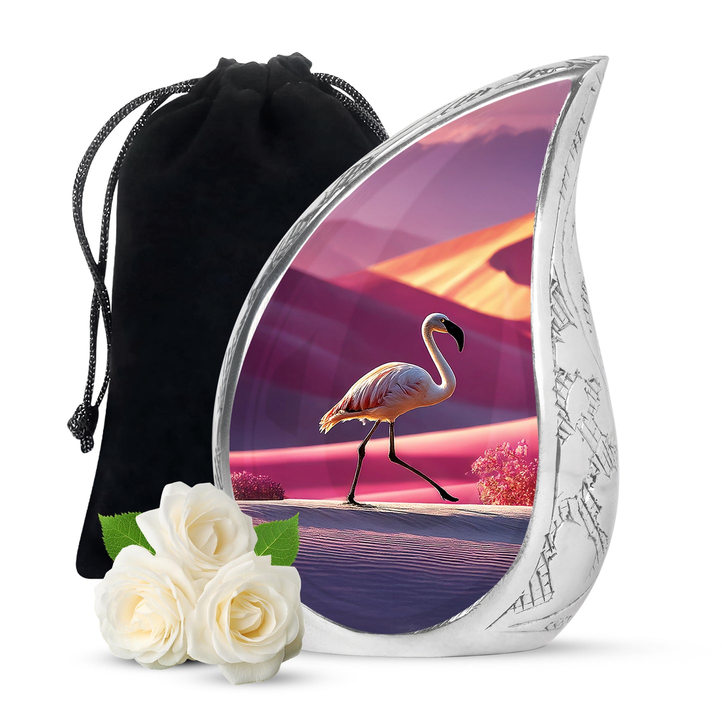 Vintage Pink Flamingo Cremation Urn front view showing detailed design - smooth teardrop contour featuring flamingo art - full-size 10 inch 200 cubic inch adult cremation urn