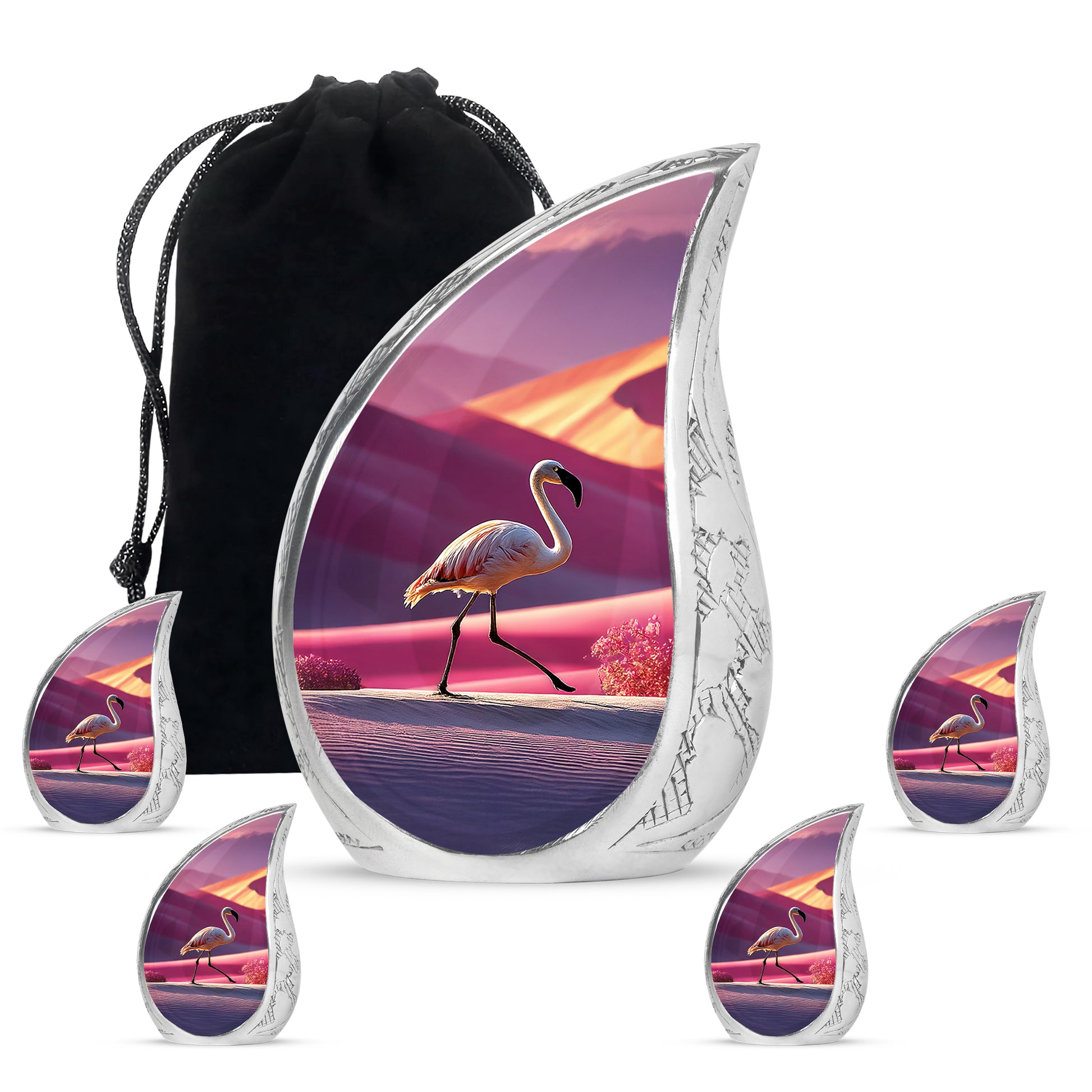 Peony Pink Flamingo Cremation Urn side profile showing urn shape - flowing teardrop flamingo silhouette on curved aluminum - memorial set with one large and four small urns