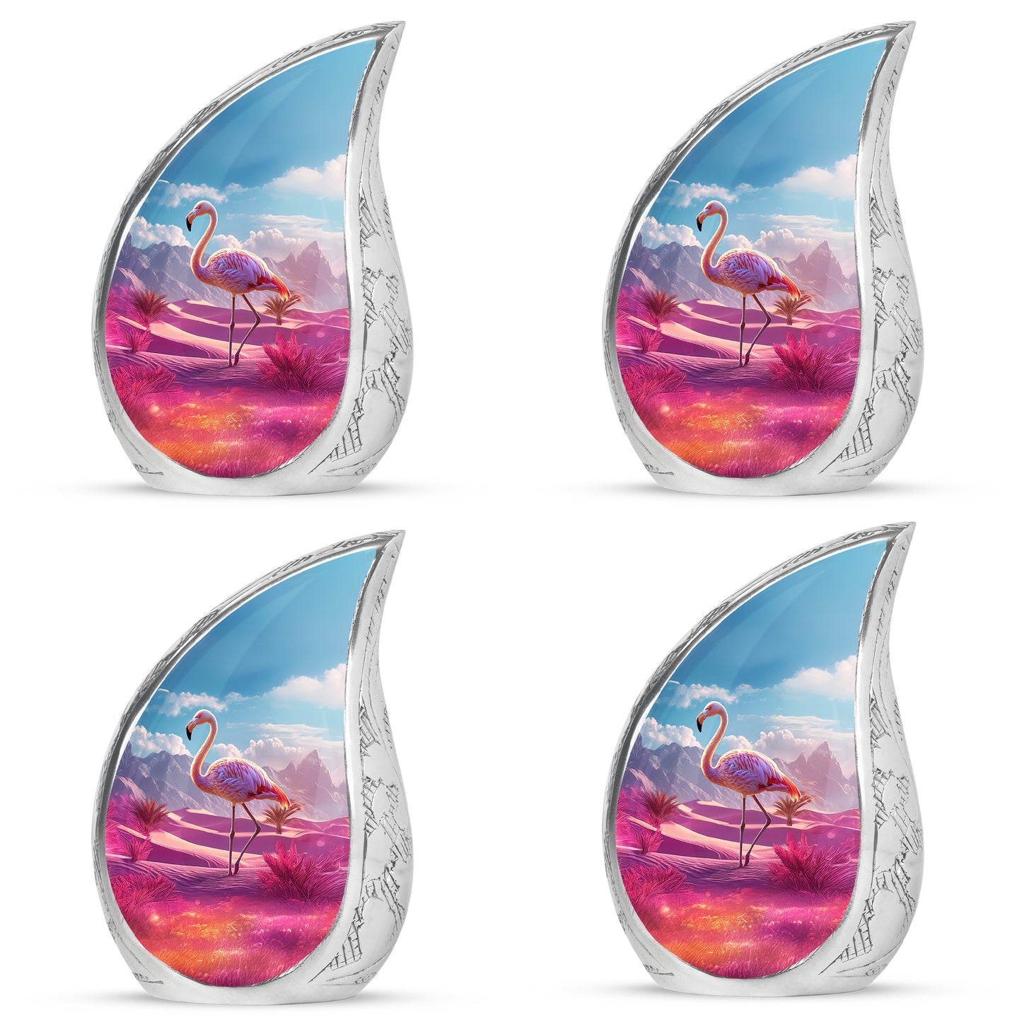 Bright Blue Flamingo Cremation Urn close-up of engraving and surface detail - graceful tear-shaped urn with flamingo motif - 10 inch aluminum urn for cremated remains