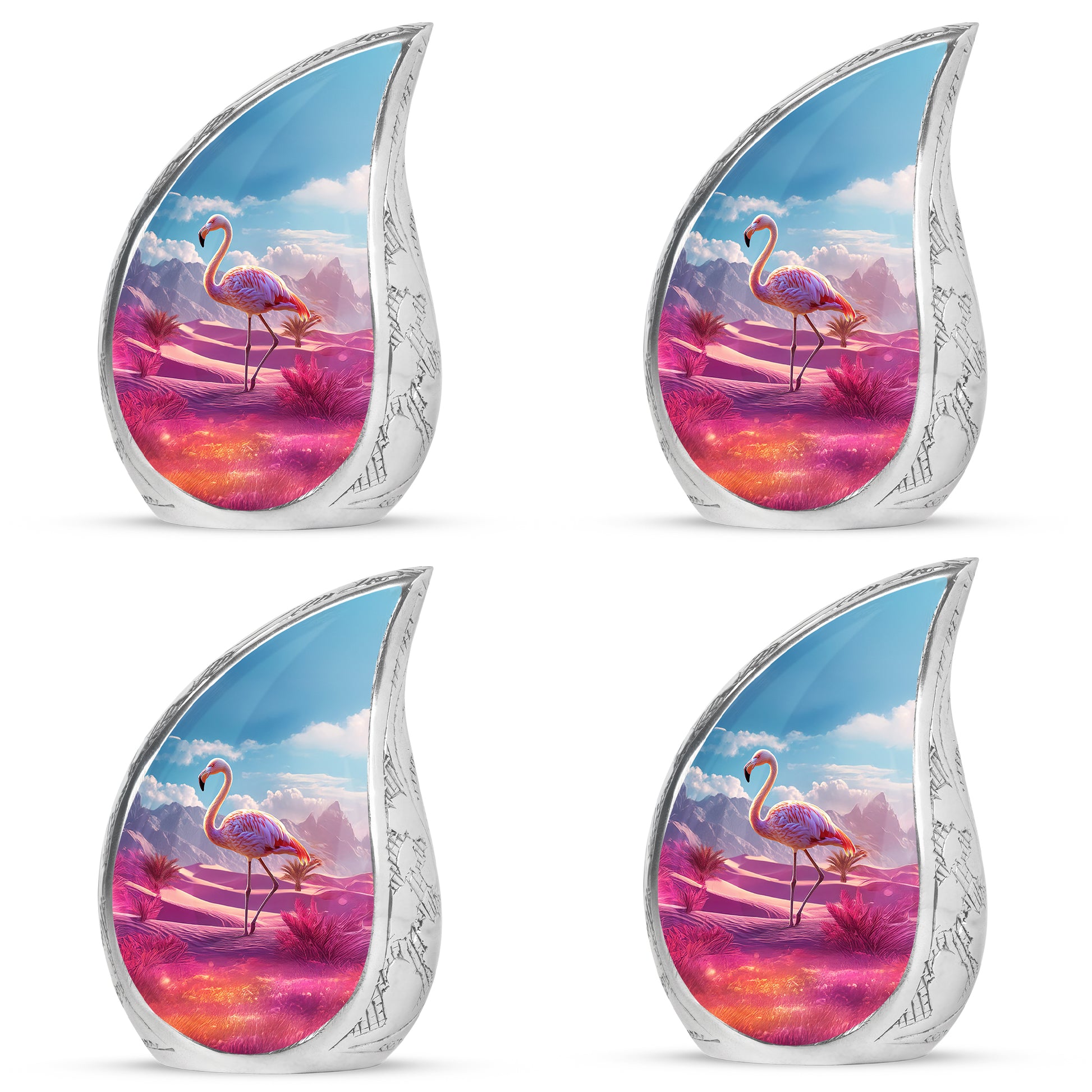Bright Blue Flamingo Cremation Urn close-up of engraving and surface detail - graceful tear-shaped urn with flamingo motif - 10 inch aluminum urn for cremated remains