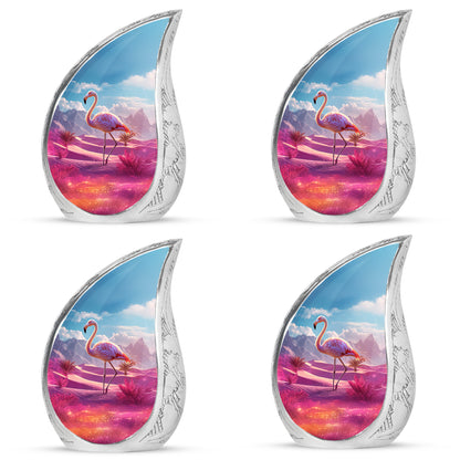 Bright Blue Flamingo Cremation Urn close-up of engraving and surface detail - graceful tear-shaped urn with flamingo motif - 10 inch aluminum urn for cremated remains