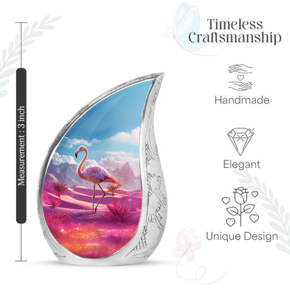 Powder Blue Flamingo Cremation Urn angled view of lid and engraved motif - flowing teardrop flamingo silhouette on curved aluminum - mini keepsake memorial for portion of cremation ashes