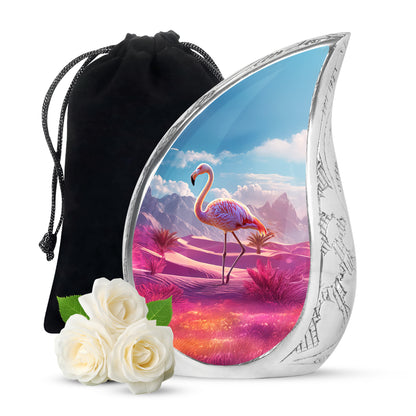 Royal Blue Flamingo Cremation Urn front view showing detailed design - smooth teardrop contour featuring flamingo art - full-size 10 inch 200 cubic inch adult cremation urn