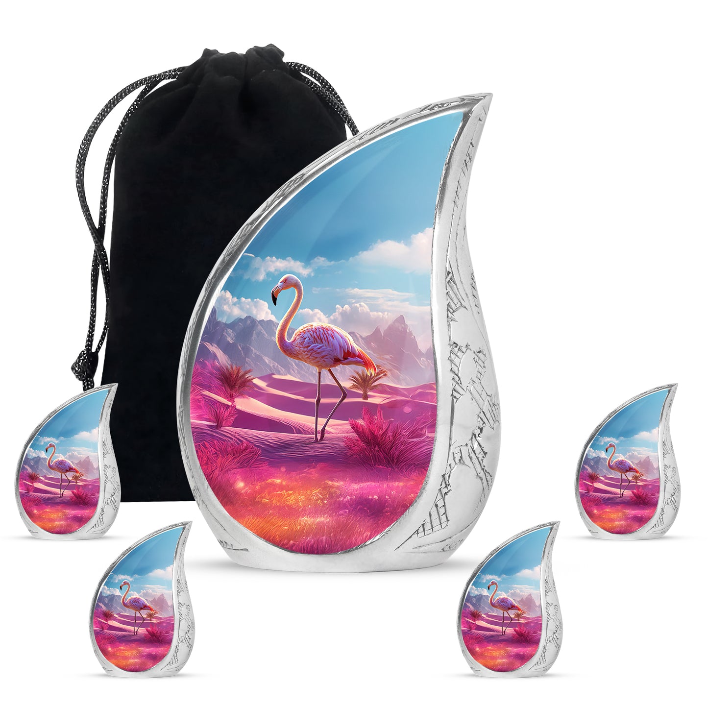 Icy Blue Flamingo Cremation Urn side profile showing urn shape - flowing teardrop flamingo silhouette on curved aluminum - memorial set with one large and four small urns
