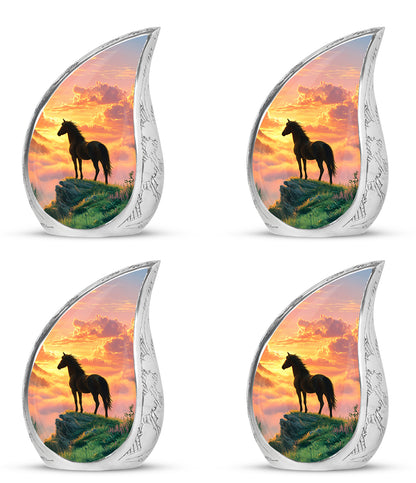 Ruby Red Horse Cremation Urn close-up of engraving and surface detail - graceful tear-shaped urn with horse motif - 10 inch aluminum urn for cremated remains