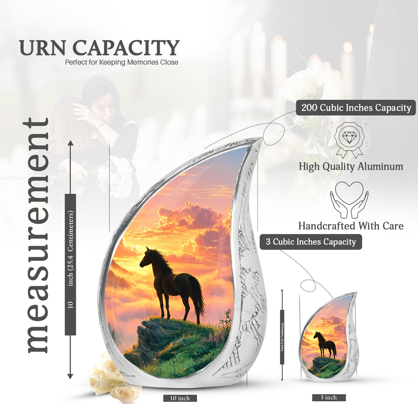 Fiery Red Horse Cremation Urn angled view of lid and engraved motif - smooth teardrop contour featuring horse art - mini keepsake memorial for portion of cremation ashes