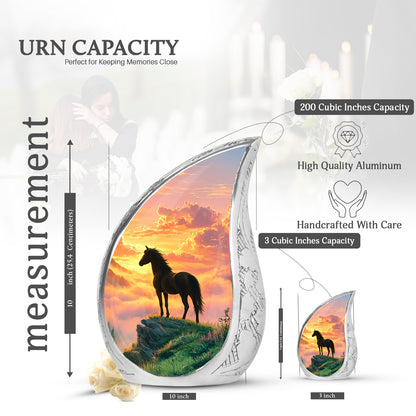 Fiery Red Horse Cremation Urn angled view of lid and engraved motif - smooth teardrop contour featuring horse art - mini keepsake memorial for portion of cremation ashes