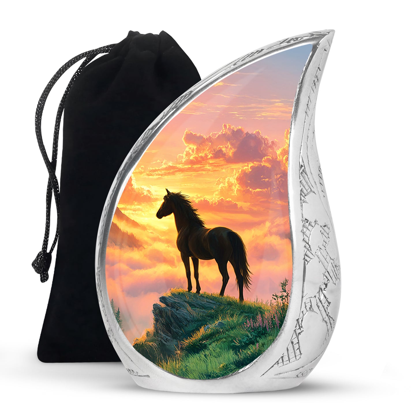 Crimson Red Horse Cremation Urn front view showing detailed design - rounded teardrop horse design with delicate detail - full-size 10 inch 200 cubic inch adult cremation urn