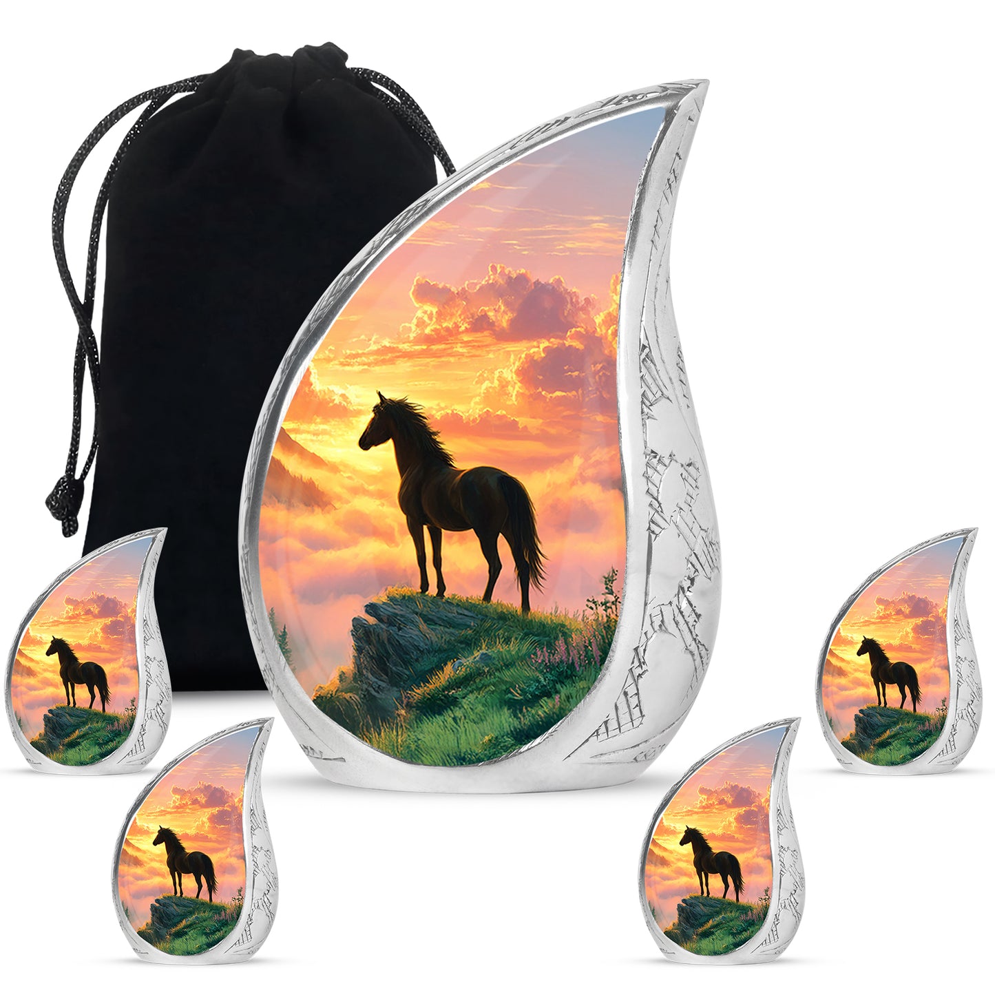 Crimson Red Horse Cremation Urn side profile showing urn shape - rounded teardrop horse design with delicate detail - memorial set with one large and four small urns