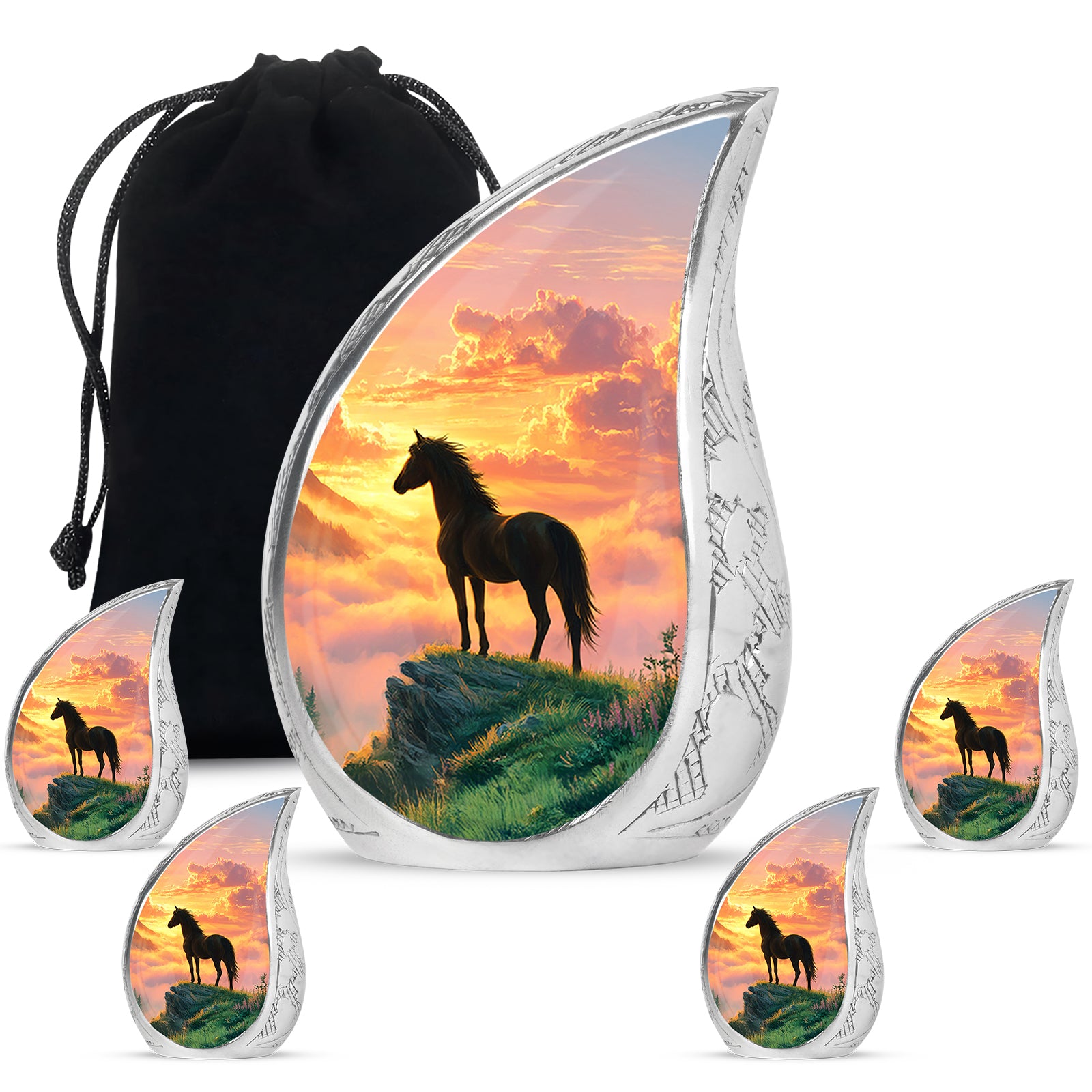 Crimson Red Horse Cremation Urn side profile showing urn shape - rounded teardrop horse design with delicate detail - memorial set with one large and four small urns