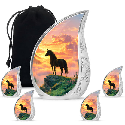 Crimson Red Horse Cremation Urn side profile showing urn shape - rounded teardrop horse design with delicate detail - memorial set with one large and four small urns