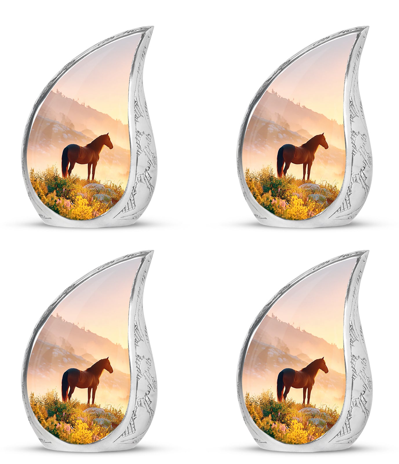 Royal Gold Horse Cremation Urn close-up of engraving and surface detail - smooth teardrop contour featuring horse art - 10 inch aluminum urn for cremated remains