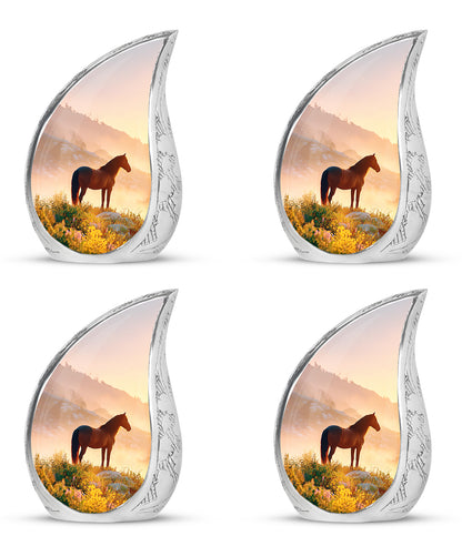 Royal Gold Horse Cremation Urn close-up of engraving and surface detail - smooth teardrop contour featuring horse art - 10 inch aluminum urn for cremated remains