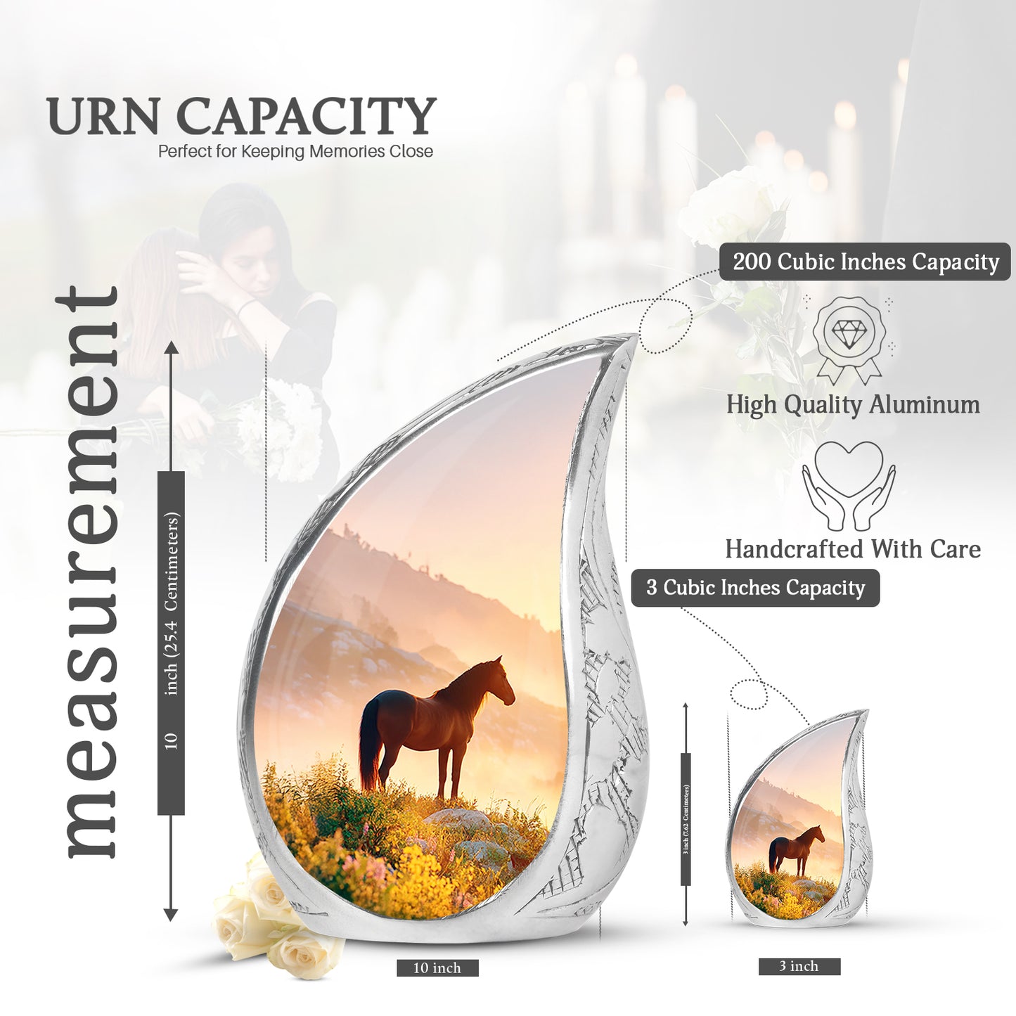 Antique Gold Horse Cremation Urn angled view of lid and engraved motif - rounded teardrop horse design with delicate detail - mini keepsake memorial for portion of cremation ashes