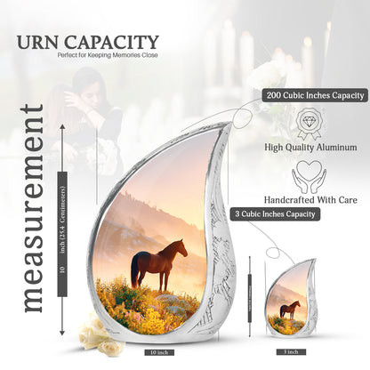 Antique Gold Horse Cremation Urn angled view of lid and engraved motif - rounded teardrop horse design with delicate detail - mini keepsake memorial for portion of cremation ashes