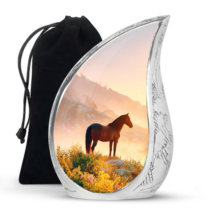 Amber Gold Horse Cremation Urn front view showing detailed design - flowing teardrop horse silhouette on curved aluminum - full-size 10 inch 200 cubic inch adult cremation urn