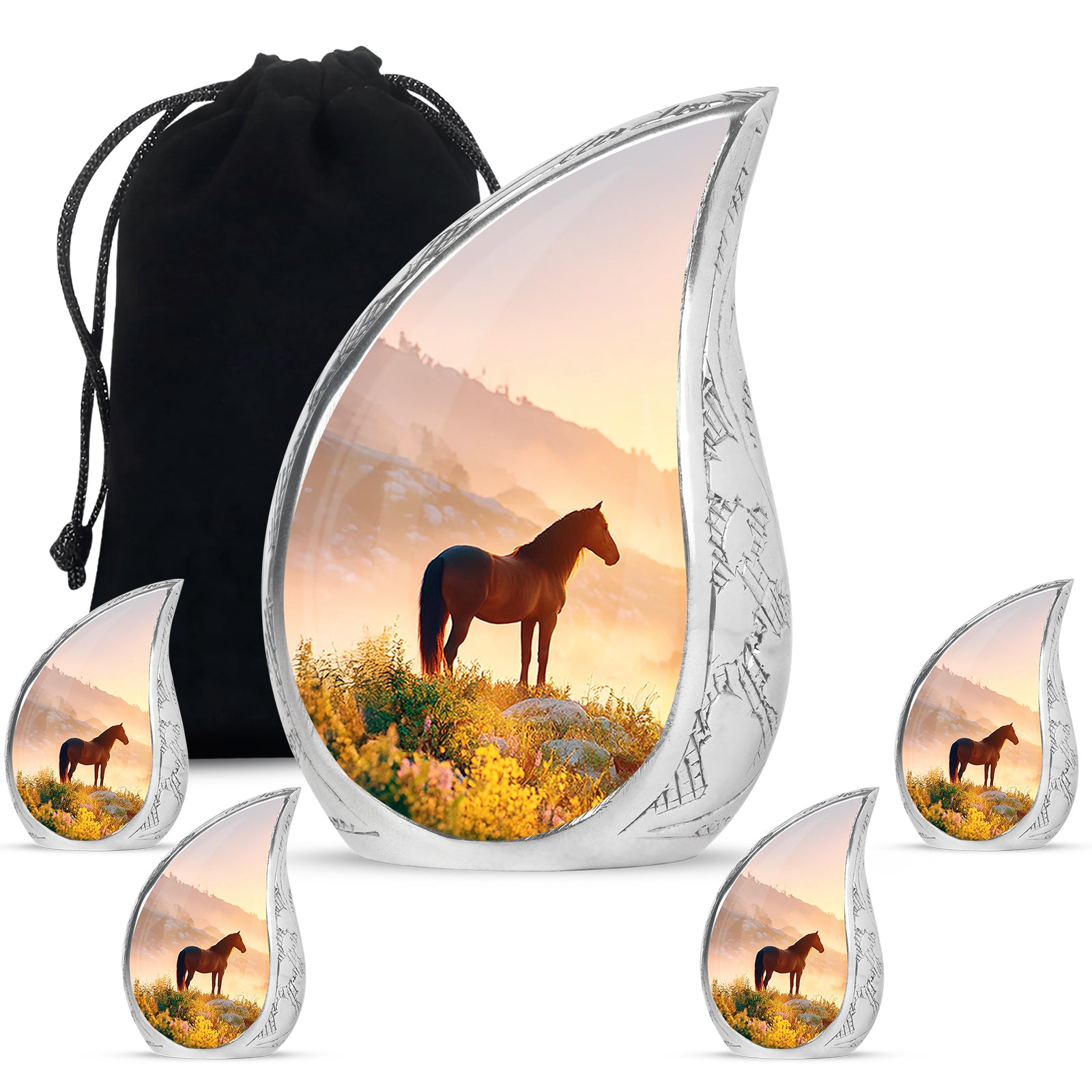 Amber Gold Horse Cremation Urn side profile showing urn shape - flowing teardrop horse silhouette on curved aluminum - memorial set with one large and four small urns