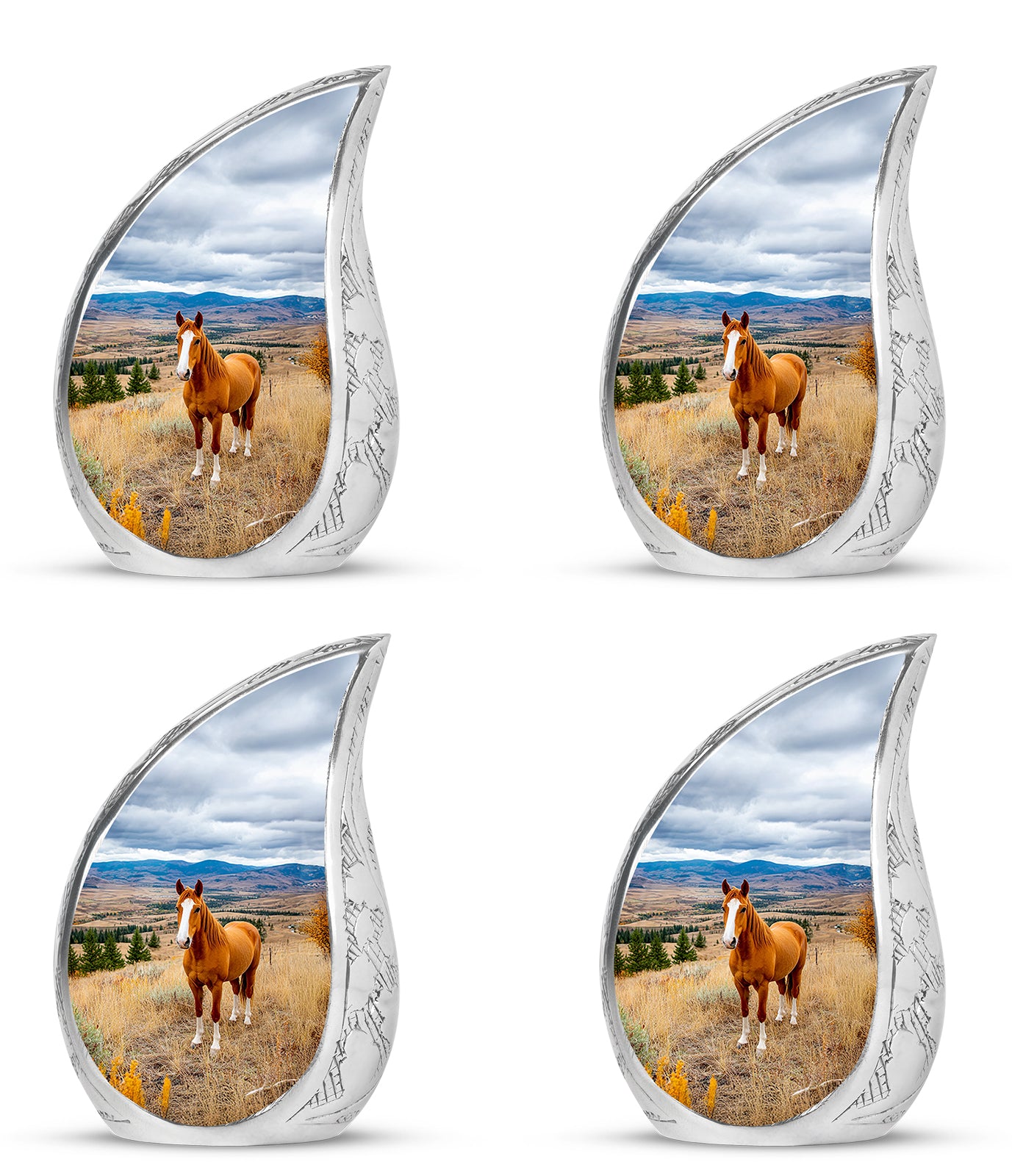Cobalt Blue Horse Cremation Urn close-up of engraving and surface detail - smooth teardrop contour featuring horse art - 10 inch aluminum urn for cremated remains