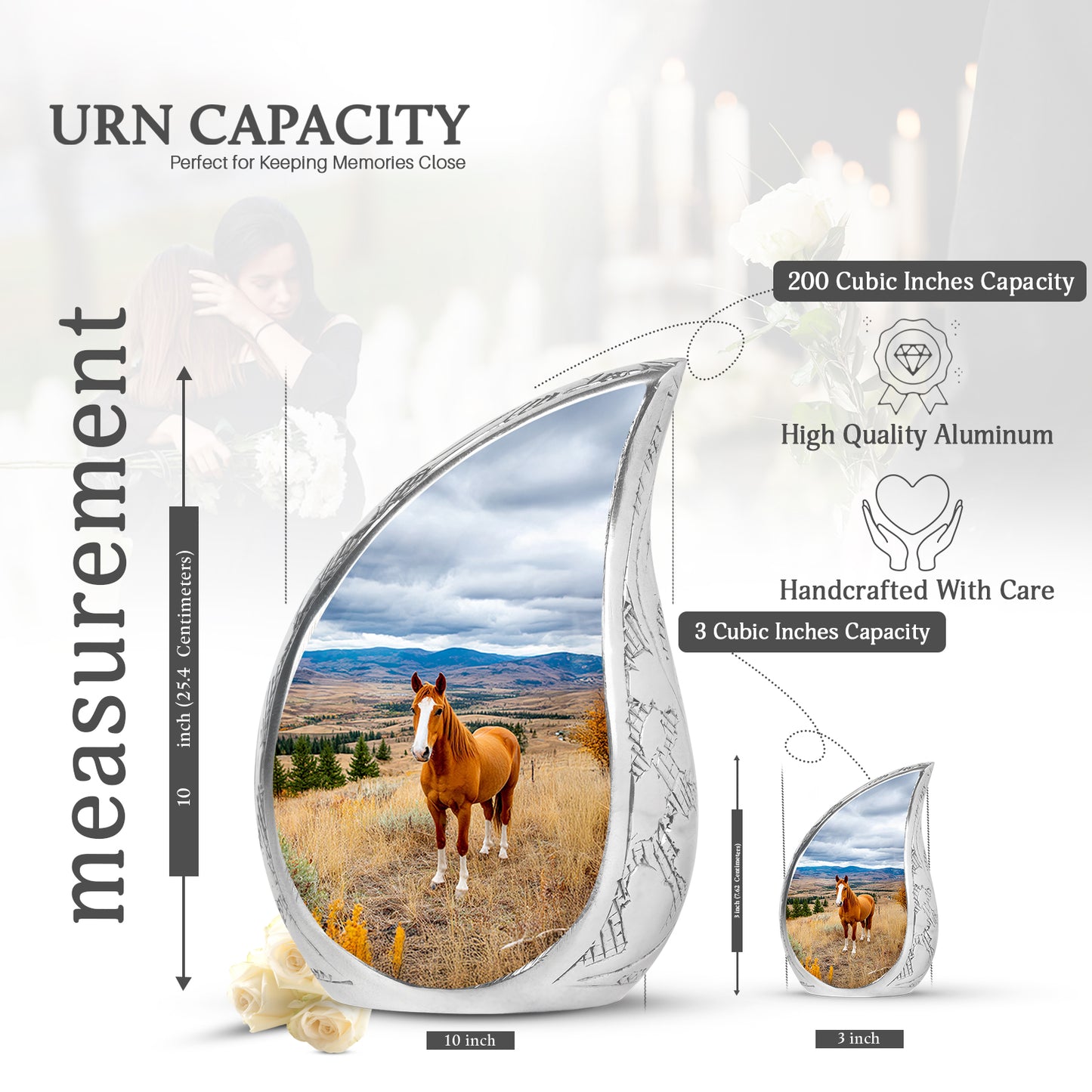 Celestial Blue Horse Cremation Urn angled view of lid and engraved motif - rounded teardrop horse design with delicate detail - mini keepsake memorial for portion of cremation ashes