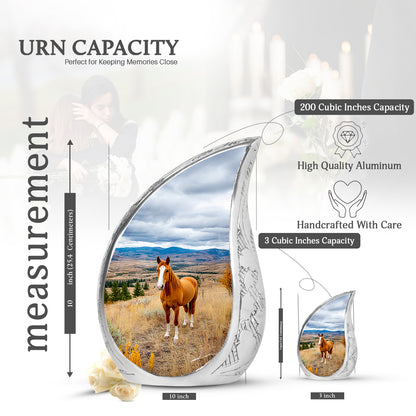 Celestial Blue Horse Cremation Urn angled view of lid and engraved motif - rounded teardrop horse design with delicate detail - mini keepsake memorial for portion of cremation ashes