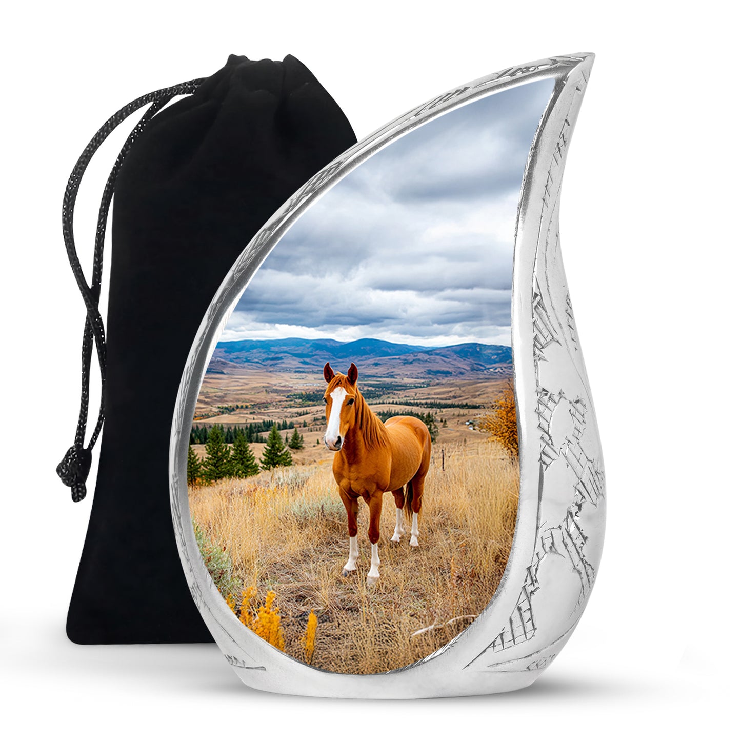 Azure Horse Cremation Urn front view showing detailed design - flowing teardrop horse silhouette on curved aluminum - full-size 10 inch 200 cubic inch adult cremation urn