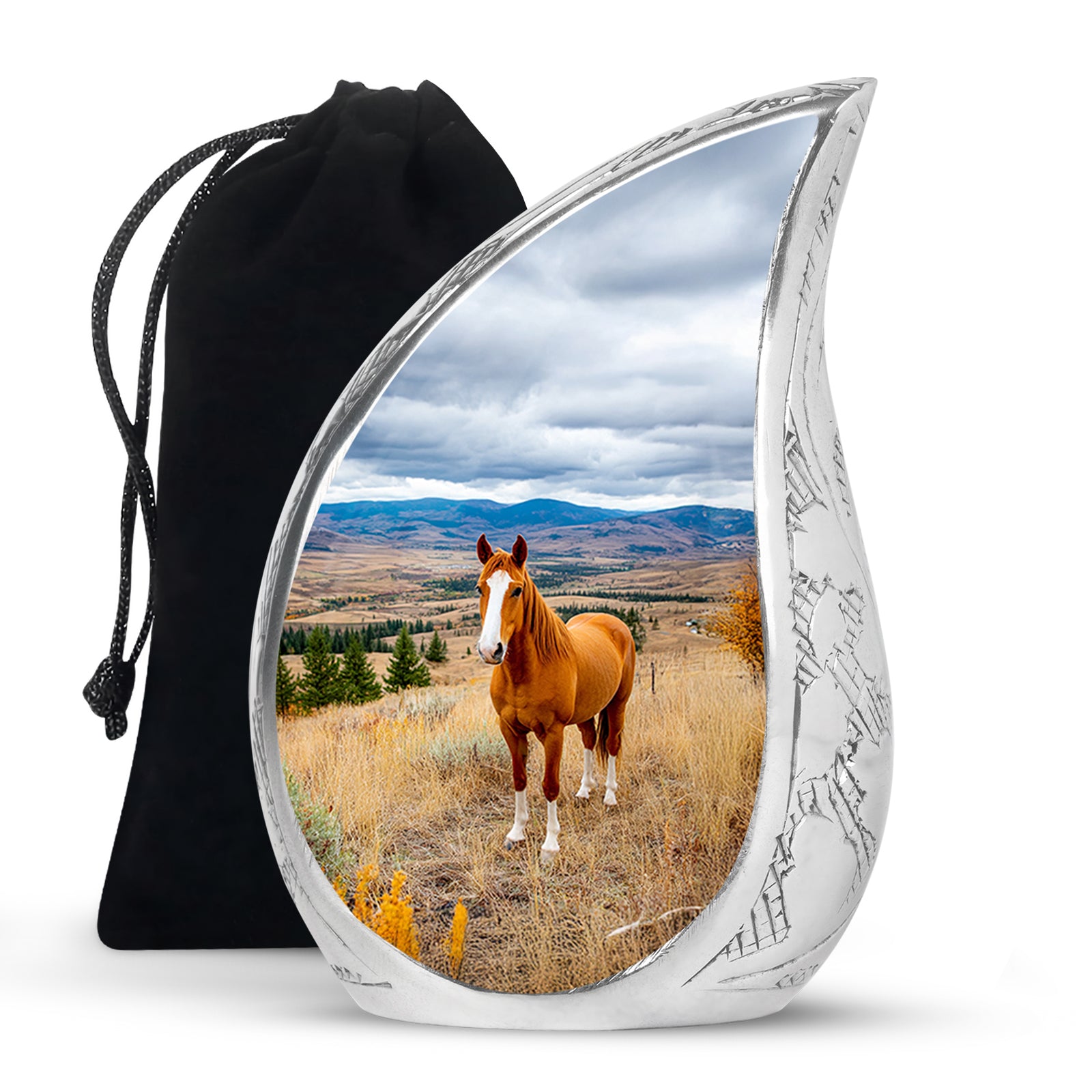 Azure Horse Cremation Urn front view showing detailed design - flowing teardrop horse silhouette on curved aluminum - full-size 10 inch 200 cubic inch adult cremation urn