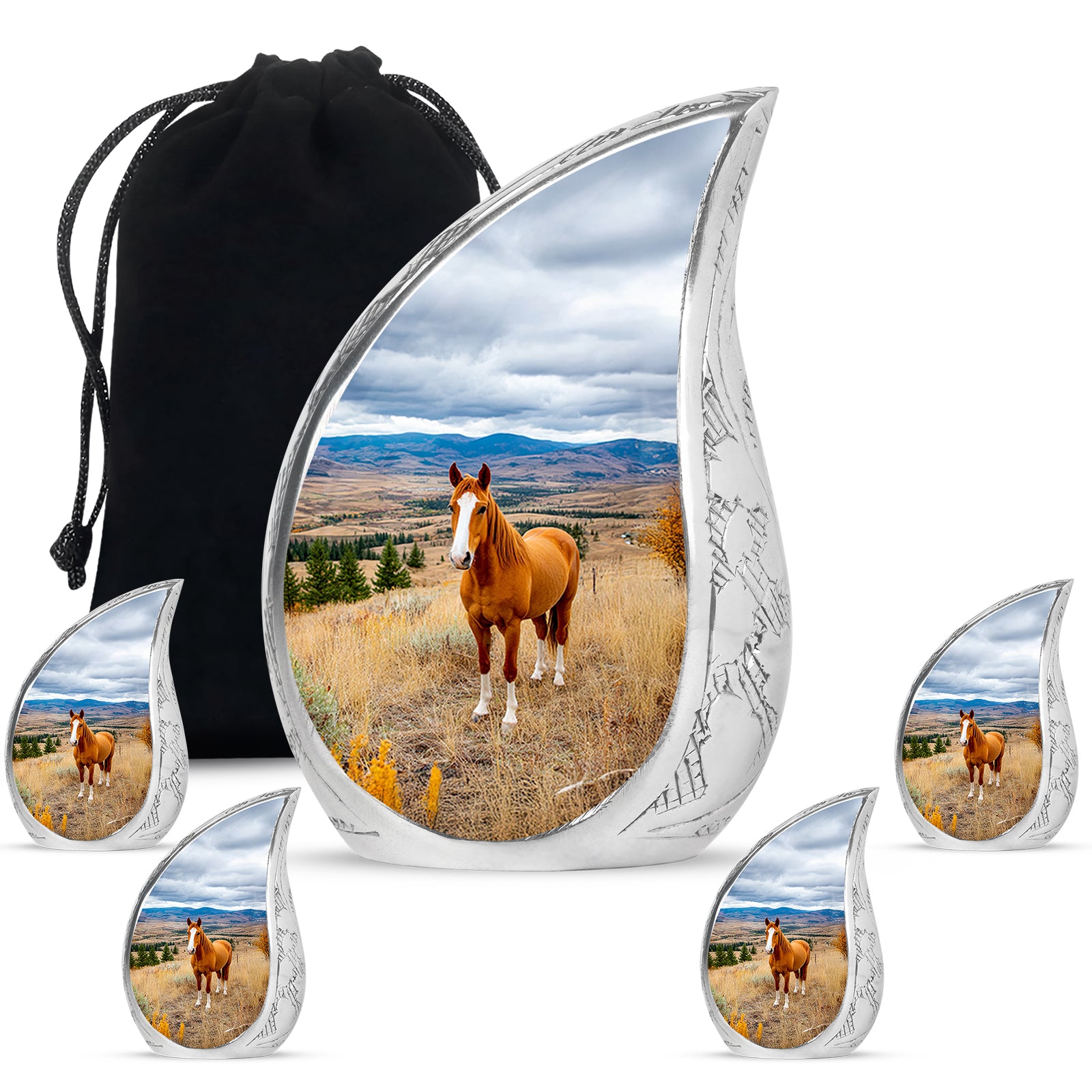 Vivid Blue Horse Cremation Urn side profile showing urn shape - smooth teardrop contour featuring horse art - memorial set with one large and four small urns
