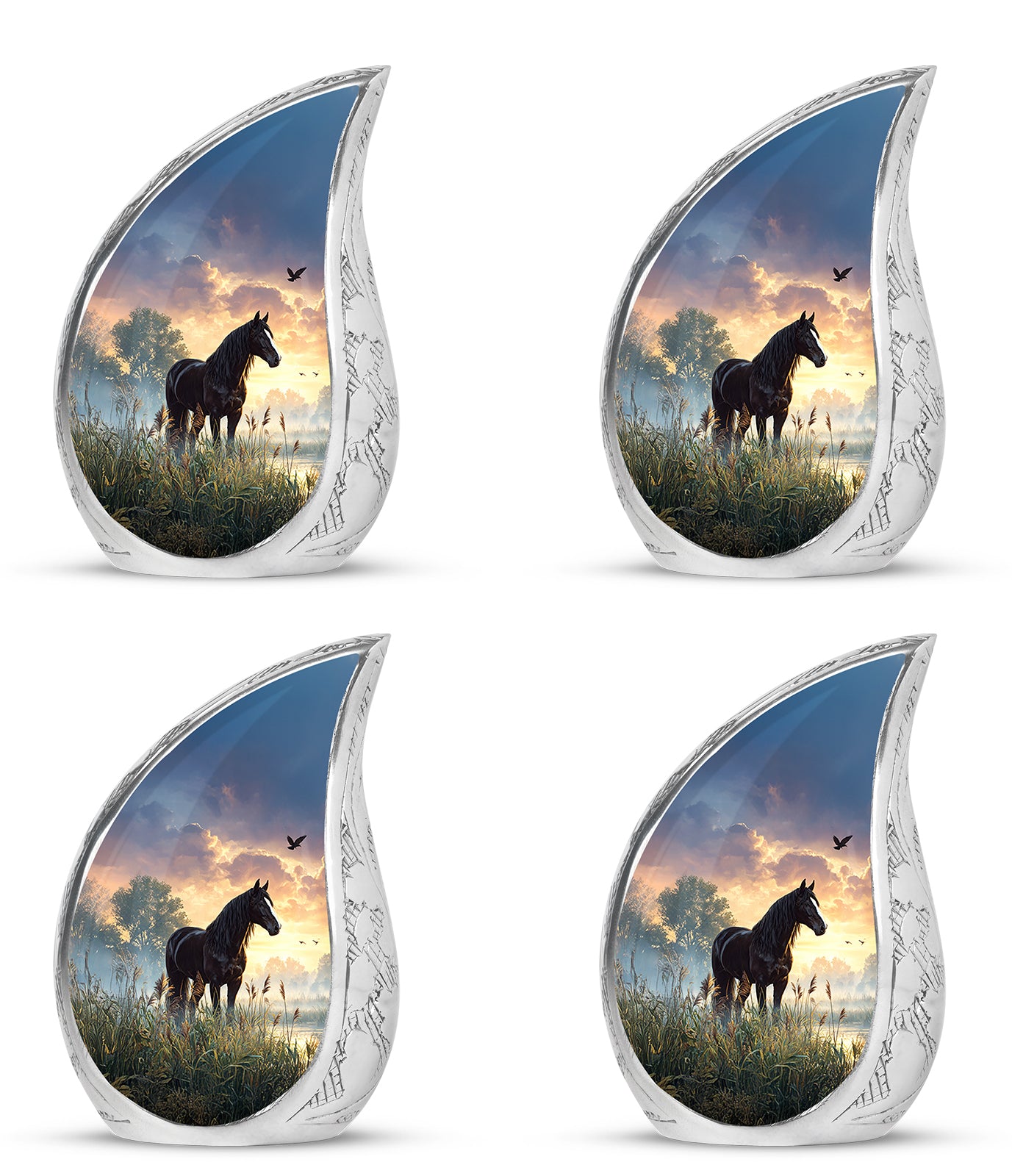 Glossy Black Horse Cremation Urn close-up of engraving and surface detail - rounded teardrop horse design with delicate detail - 10 inch aluminum urn for cremated remains