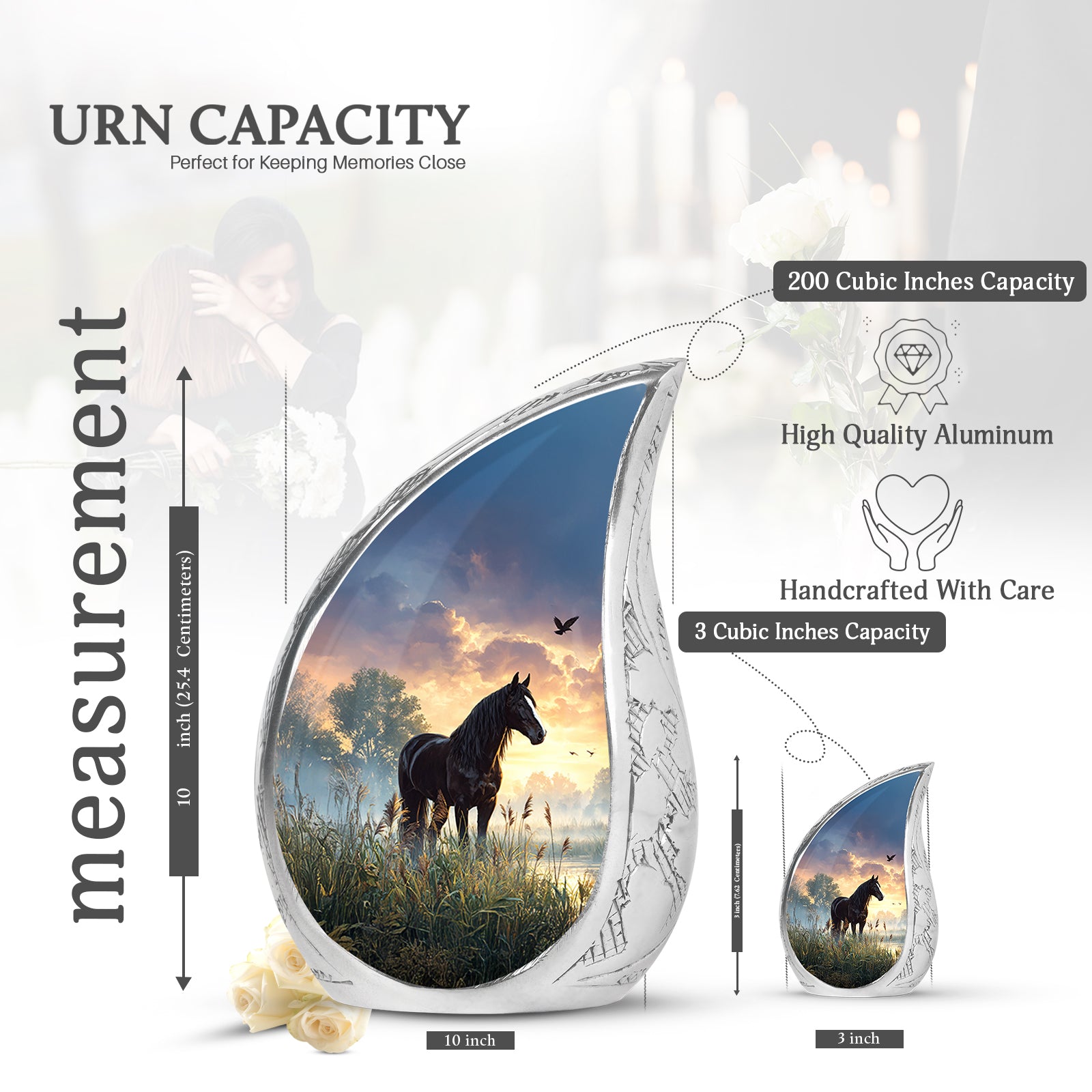 Jet Black Horse Cremation Urn angled view of lid and engraved motif - rounded teardrop horse design with delicate detail - mini keepsake memorial for portion of cremation ashes