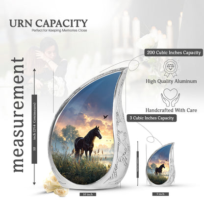 Jet Black Horse Cremation Urn angled view of lid and engraved motif - rounded teardrop horse design with delicate detail - mini keepsake memorial for portion of cremation ashes