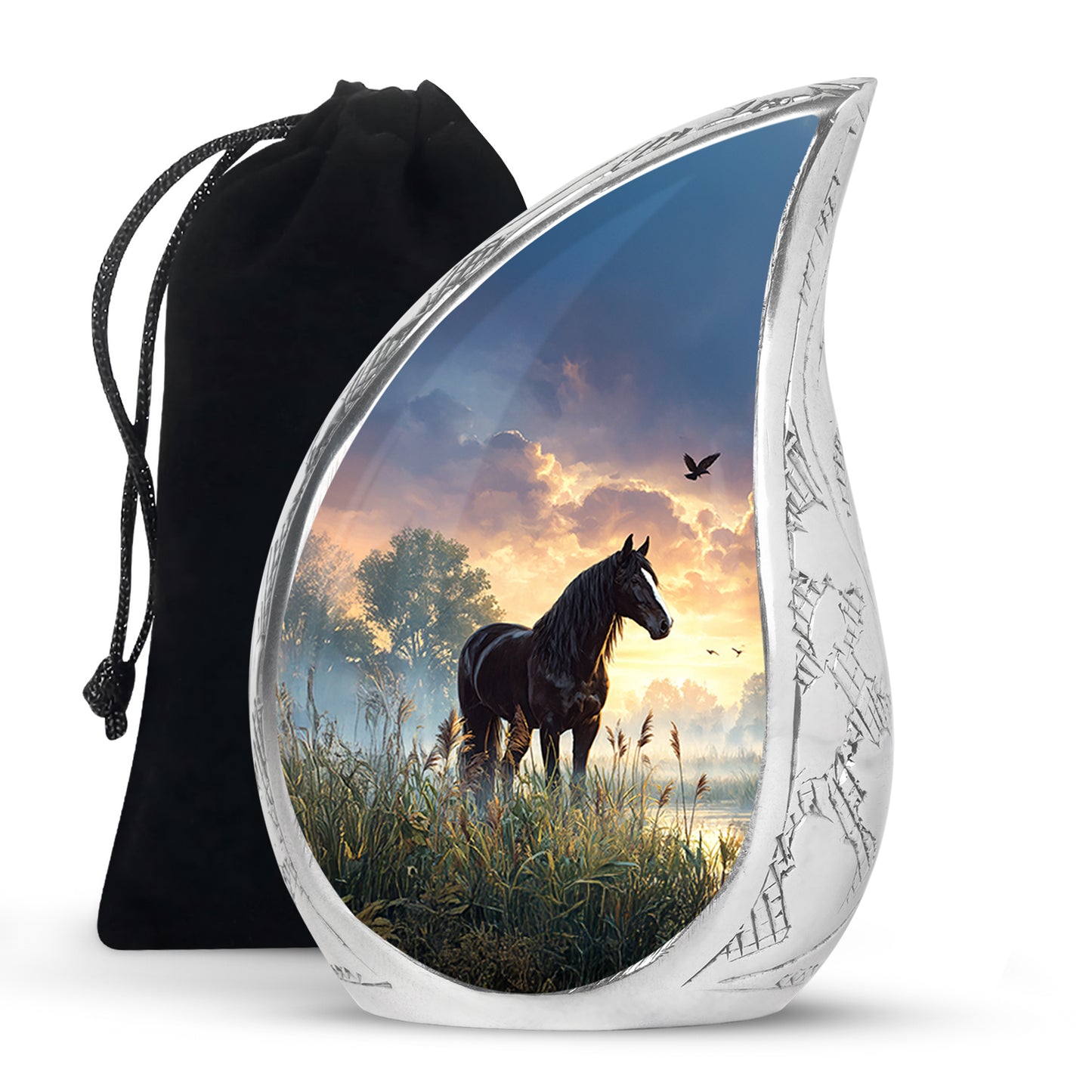 Charcoal Black Horse Cremation Urn front view showing detailed design - graceful tear-shaped urn with horse motif - full-size 10 inch 200 cubic inch adult cremation urn