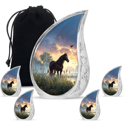 Glossy Black Horse Cremation Urn side profile showing urn shape - flowing teardrop horse silhouette on curved aluminum - memorial set with one large and four small urns