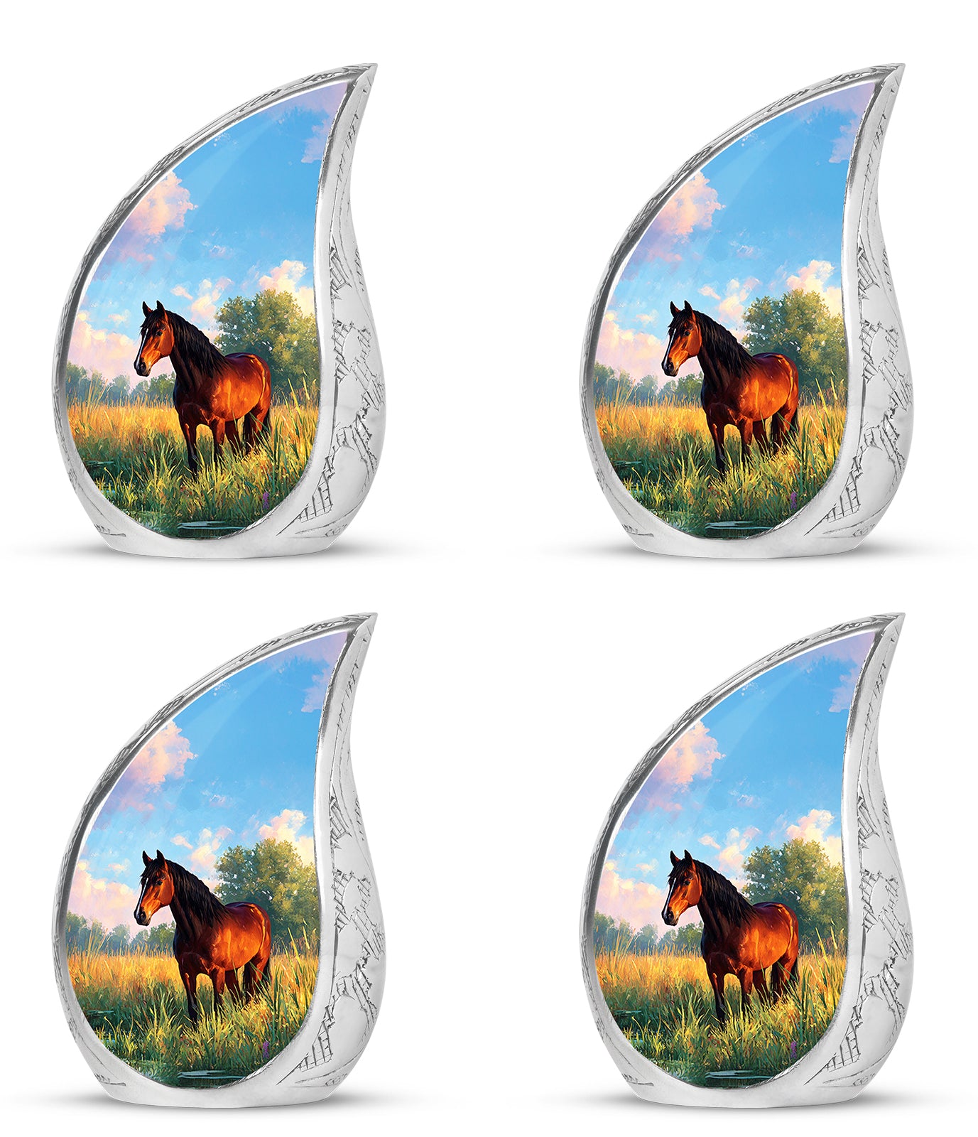 Soft Blue Horse Cremation Urn close-up of engraving and surface detail - smooth teardrop contour featuring horse art - 10 inch aluminum urn for cremated remains