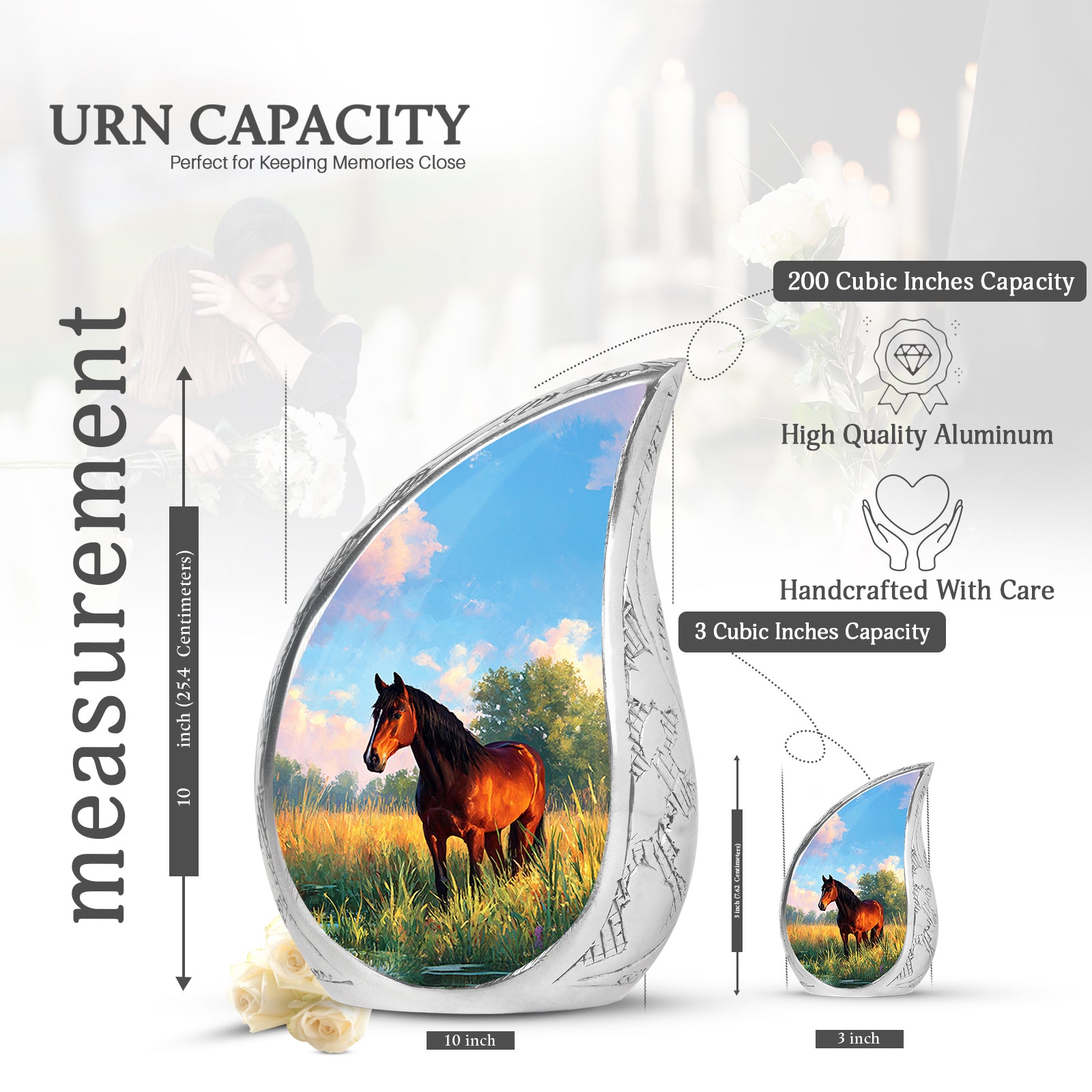 Calming Blue Horse Cremation Urn angled view of lid and engraved motif - graceful tear-shaped urn with horse motif - mini keepsake memorial for portion of cremation ashes