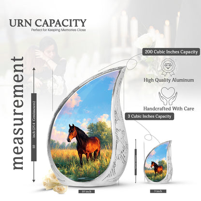 Calming Blue Horse Cremation Urn angled view of lid and engraved motif - graceful tear-shaped urn with horse motif - mini keepsake memorial for portion of cremation ashes
