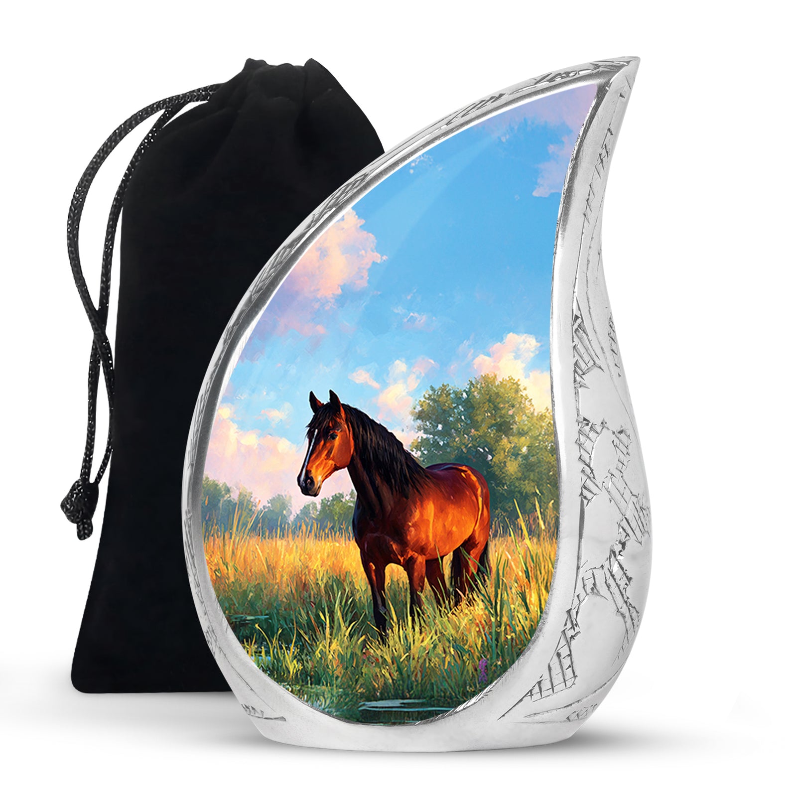 Azure Horse Cremation Urn front view showing detailed design - rounded teardrop horse design with delicate detail - full-size 10 inch 200 cubic inch adult cremation urn