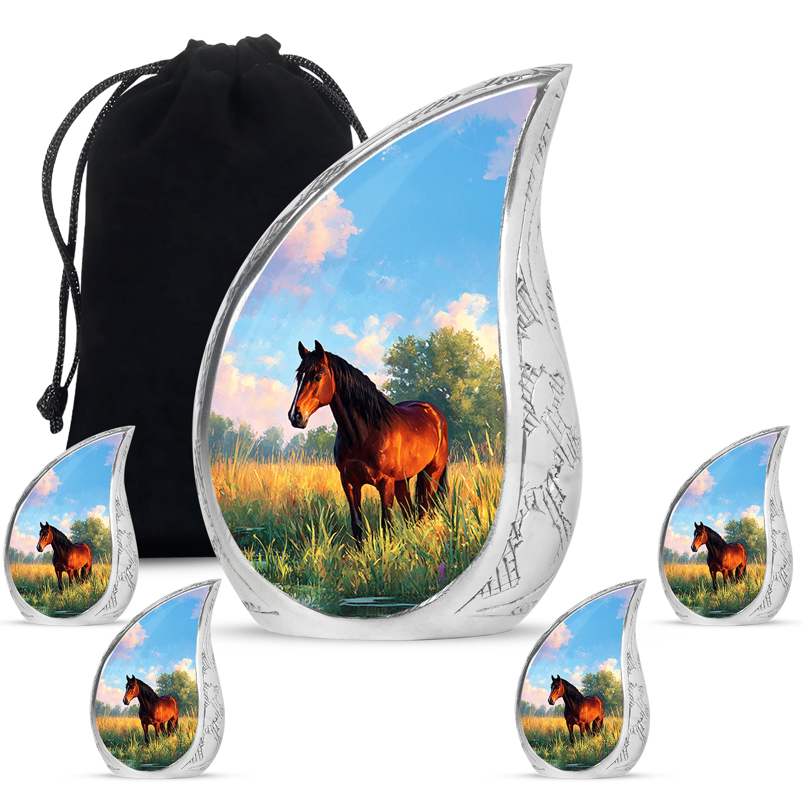 Royal Blue Horse Cremation Urn side profile showing urn shape - graceful tear-shaped urn with horse motif - memorial set with one large and four small urns