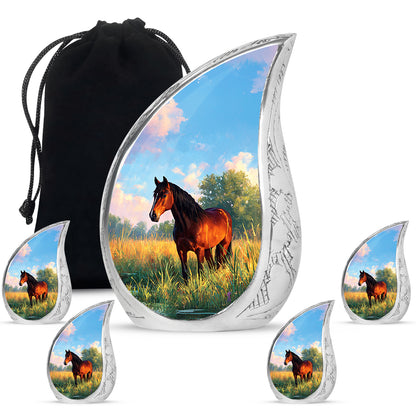 Royal Blue Horse Cremation Urn side profile showing urn shape - graceful tear-shaped urn with horse motif - memorial set with one large and four small urns