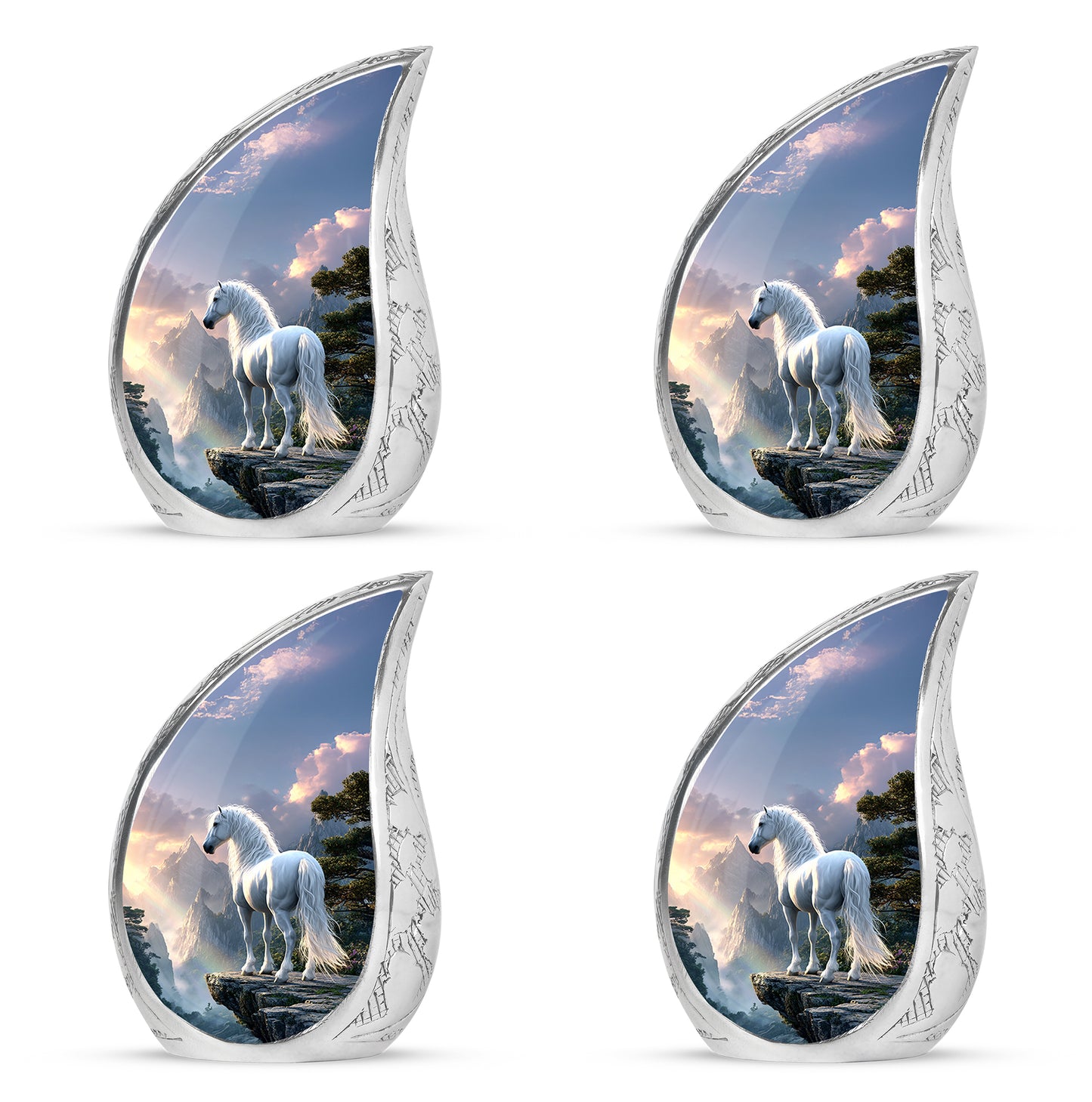 Misty Blue Horse Cremation Urn close-up of engraving and surface detail - rounded teardrop horse design with delicate detail - 10 inch aluminum urn for cremated remains