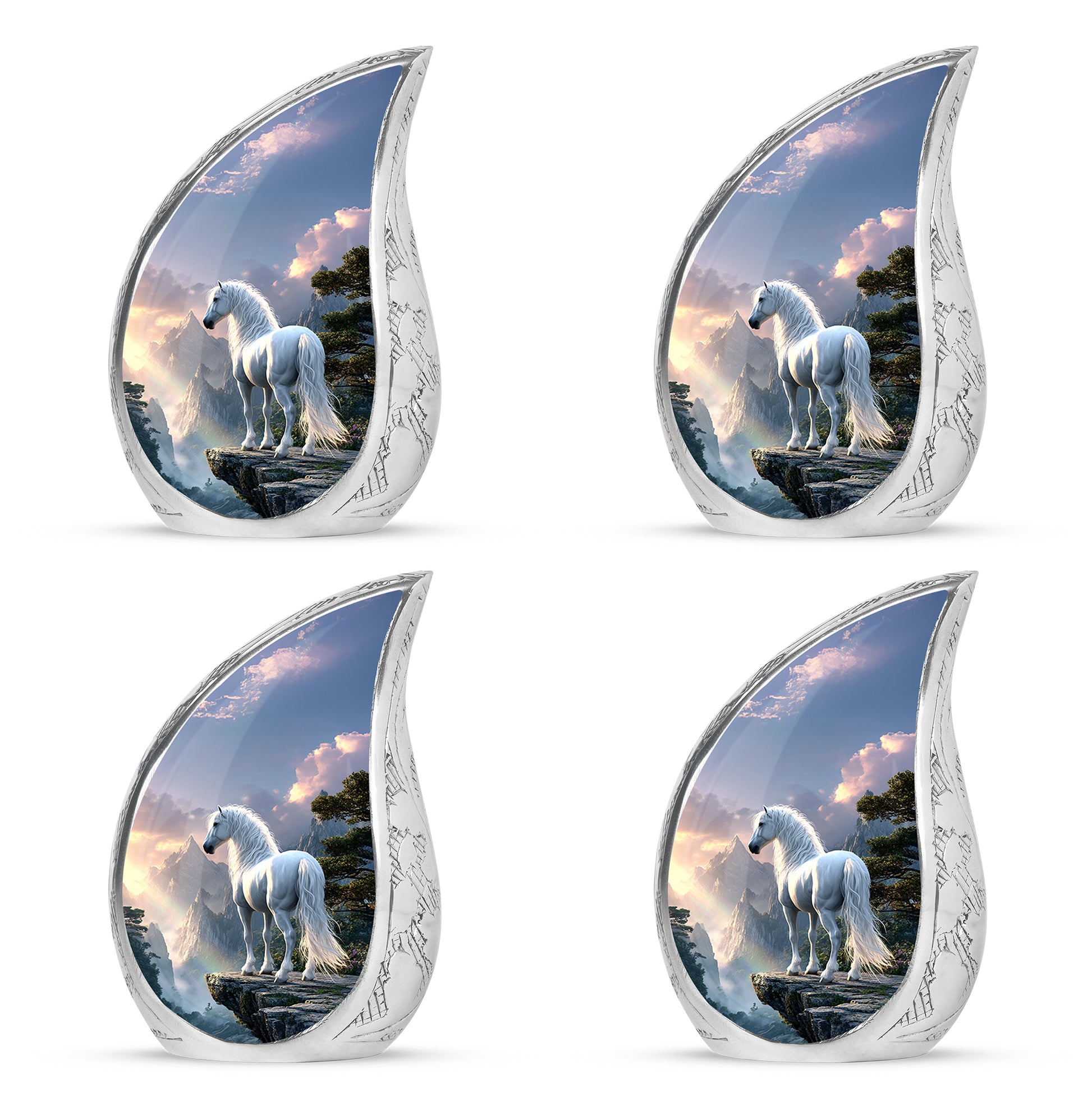 Misty Blue Horse Cremation Urn close-up of engraving and surface detail - rounded teardrop horse design with delicate detail - 10 inch aluminum urn for cremated remains