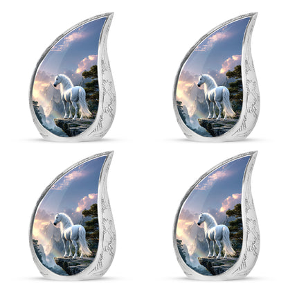 Misty Blue Horse Cremation Urn close-up of engraving and surface detail - rounded teardrop horse design with delicate detail - 10 inch aluminum urn for cremated remains