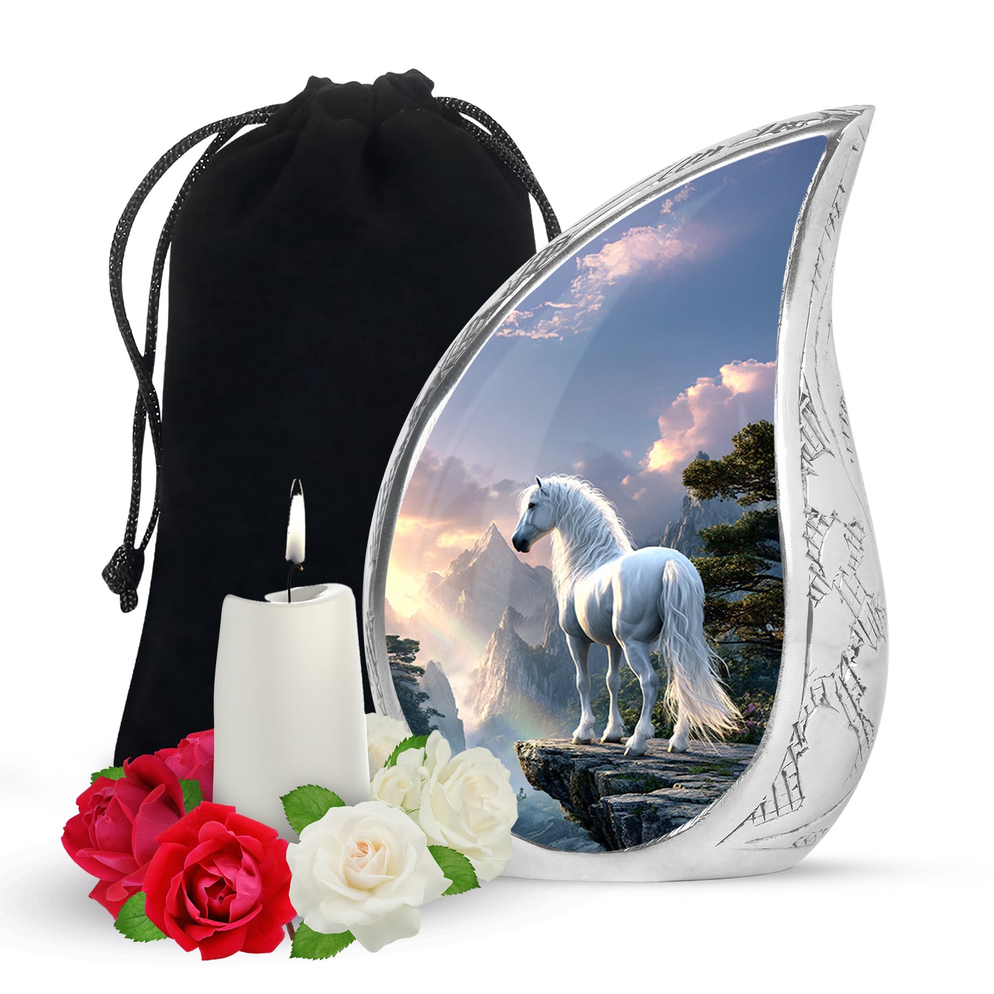 Sky Blue Horse Cremation Urn front view showing detailed design - flowing teardrop horse silhouette on curved aluminum - full-size 10 inch 200 cubic inch adult cremation urn
