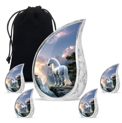 Vivid Blue Horse Cremation Urn side profile showing urn shape - graceful tear-shaped urn with horse motif - memorial set with one large and four small urns