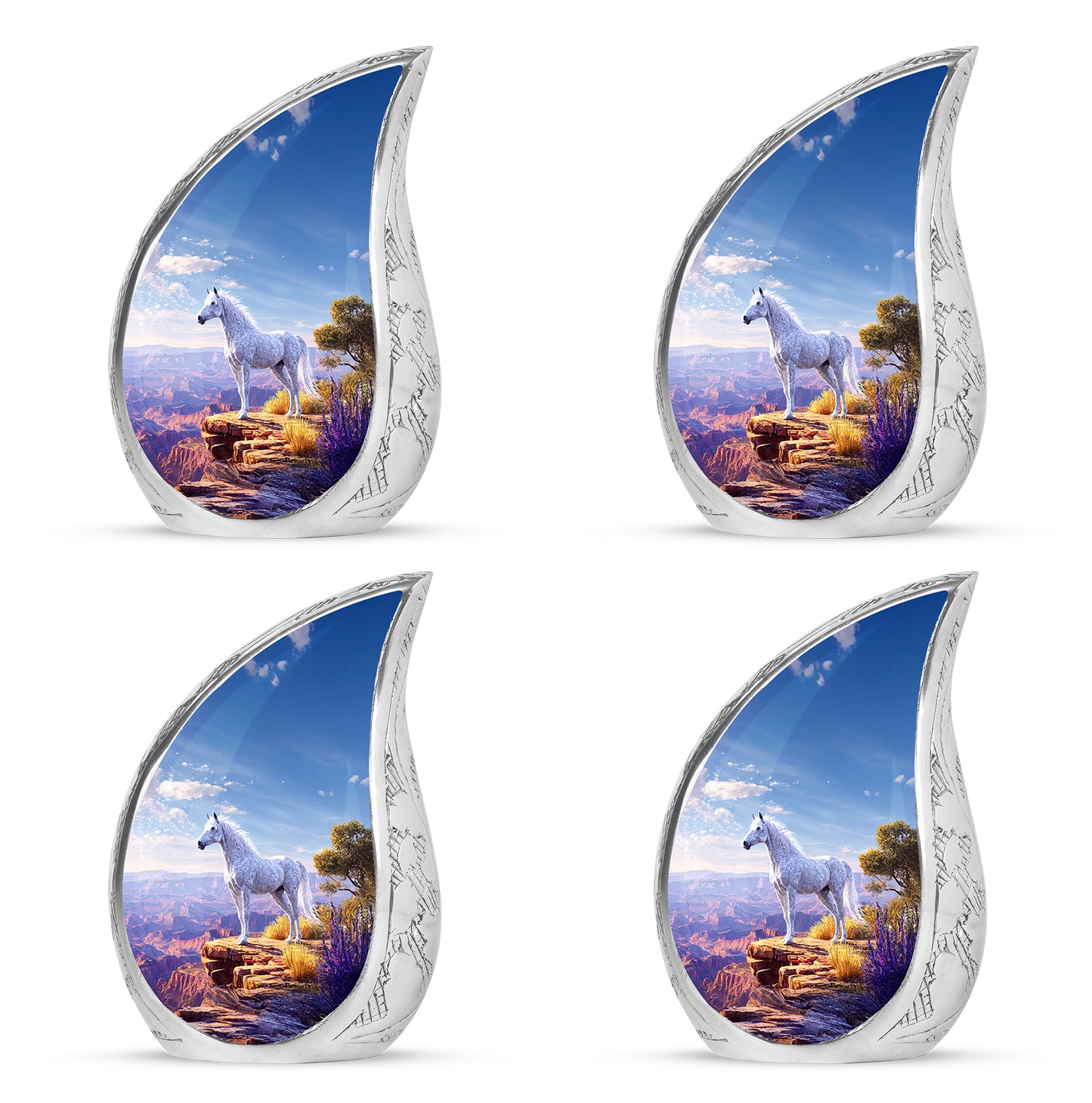 Pastel Blue Horse Cremation Urn close-up of engraving and surface detail - flowing teardrop horse silhouette on curved aluminum - 10 inch aluminum urn for cremated remains