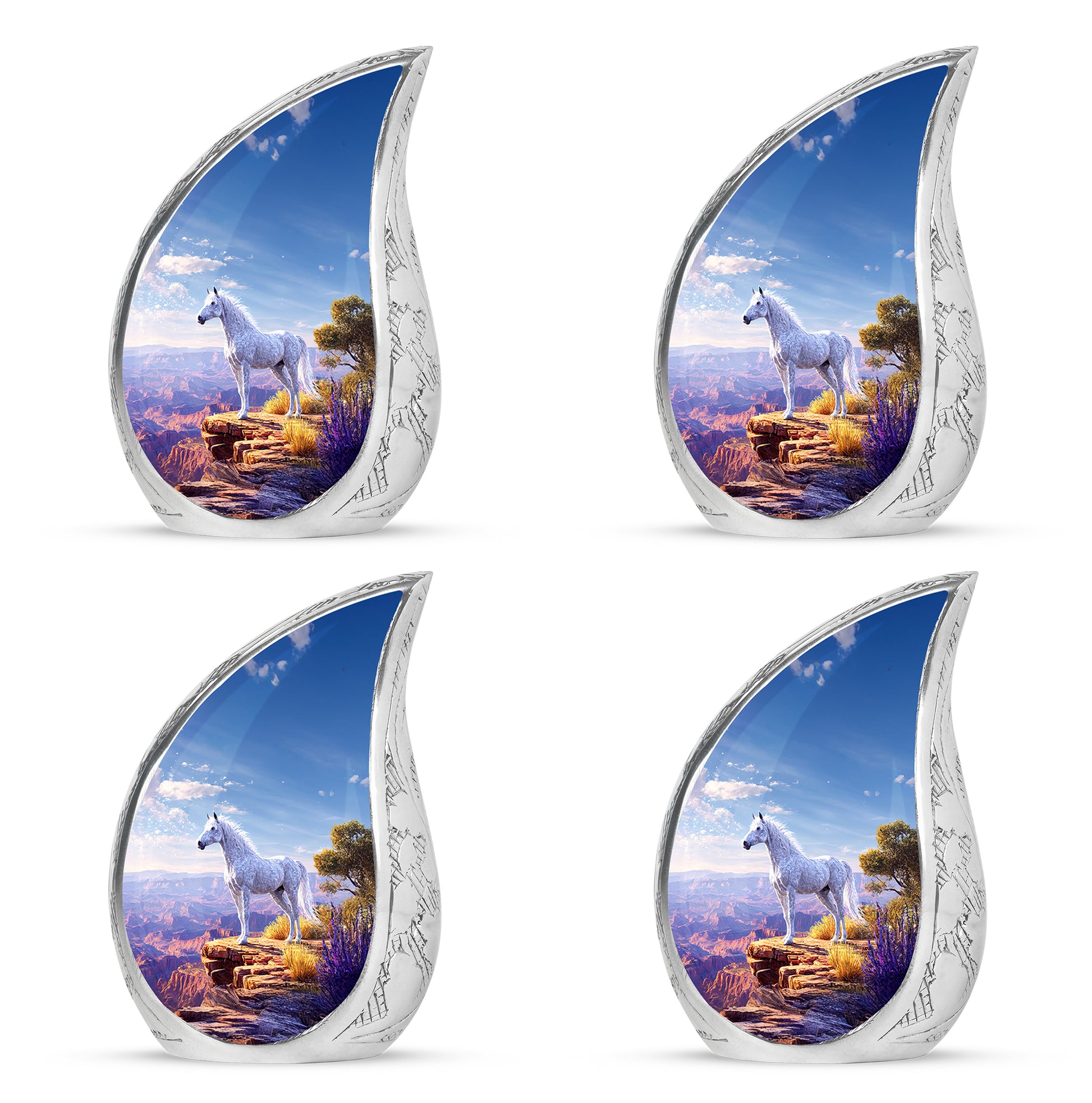 Pastel Blue Horse Cremation Urn close-up of engraving and surface detail - flowing teardrop horse silhouette on curved aluminum - 10 inch aluminum urn for cremated remains