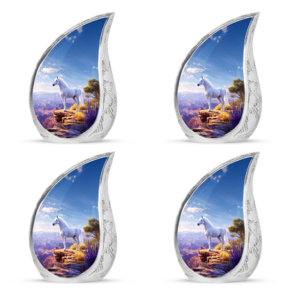 Pastel Blue Horse Cremation Urn close-up of engraving and surface detail - flowing teardrop horse silhouette on curved aluminum - 10 inch aluminum urn for cremated remains