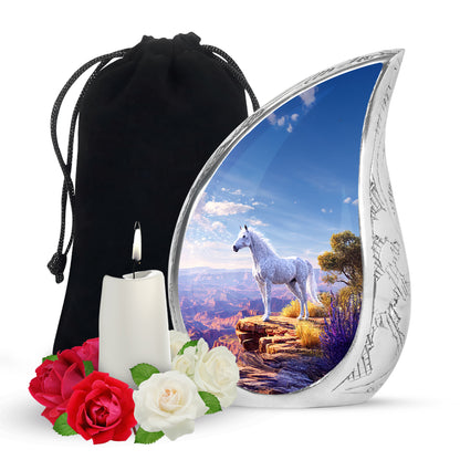 Misty Blue Horse Cremation Urn front view showing detailed design - flowing teardrop horse silhouette on curved aluminum - full-size 10 inch 200 cubic inch adult cremation urn
